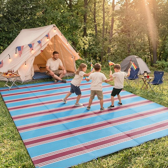 Lahome Striped Waterproof Outdoor Rug 8x10 Patio, Reversible Patriotic Outdoor Camping Rug Plastic Straw, RV Patio Rugs Carpet for Patriotic Decor Porch Deck Backyard(Blue/Red,8'x 10')