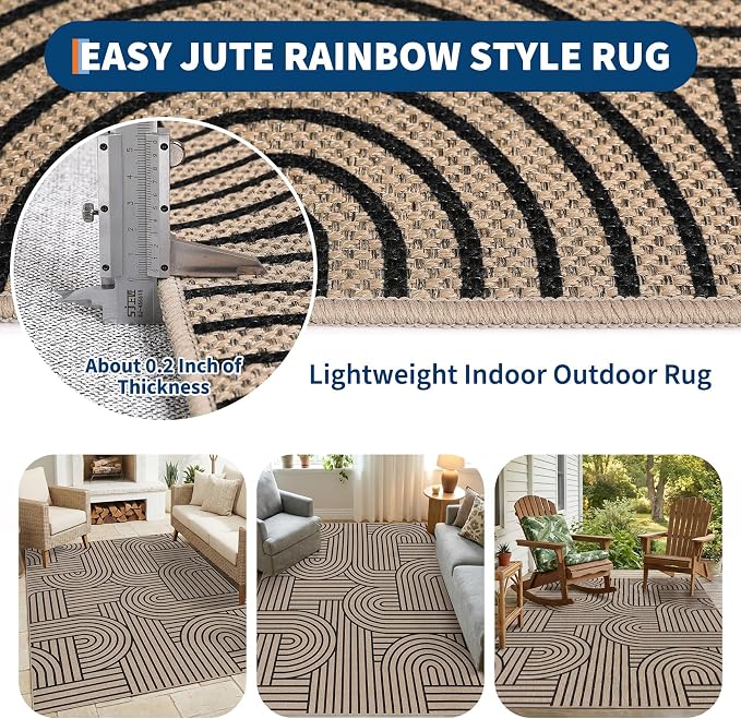 GarveeHome Rainbow Easy Jute Rug 8x10 Abstract Washable Non Slip Living Room Ultra-Thin Bedroom Rug, Non Skid Backing Non Shedding Accent Carpet for Dining Room Office
