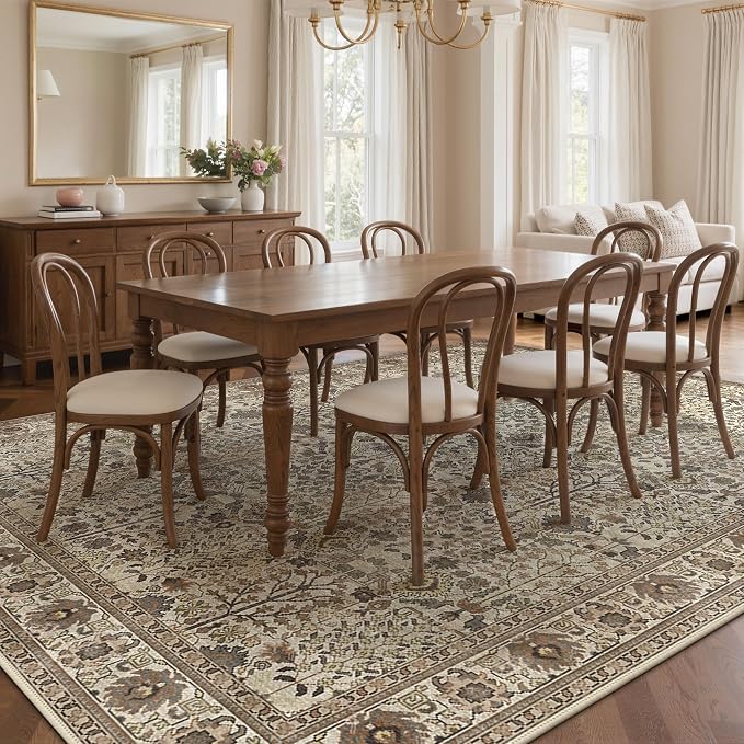 10x14 Area Rug for Living Room, Washable Low Pile, Dark Espresso | Vintage Distressed Design, Spill Resistant Lightweight Non-Shedding Carpet for Bedroom, Dining Room, Office