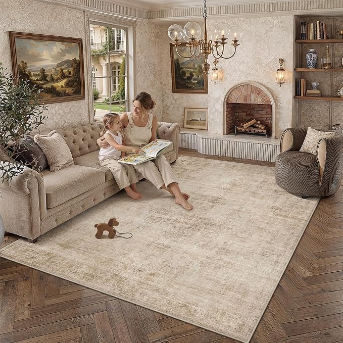 9x12 Beige Vintage Area Rug | Washable, Non Slip, Soft Low Pile, Neutral Farmhouse, Large, for Living Room Bedroom Dining Room Office Indoor Home Decor