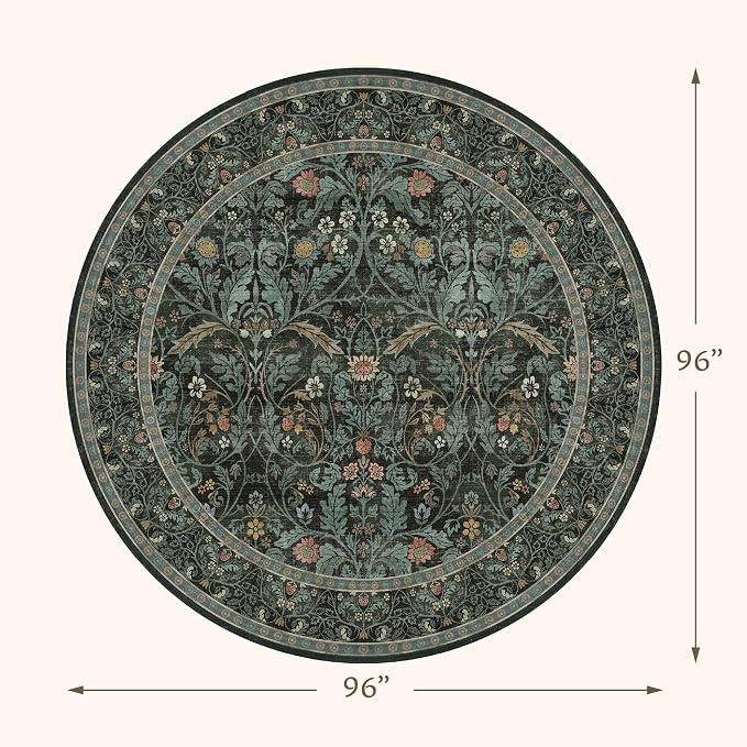 8ft Round Rug for Living Room, Dark Green Vintage Botanical Floral Large Circle Dining Room Area Rug, Washable Non-Slip Traditional Floor Carpet for Dining Room Under Table, High Traffic Area