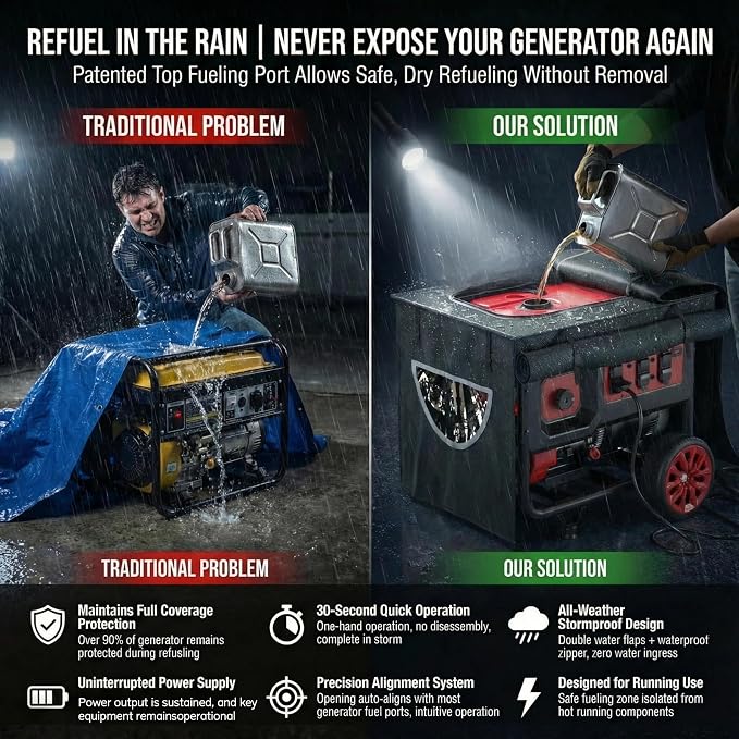 Generator Cover– Portable Generator Cover While Running with Noise Reduction & Waterproof Protection, 900D Heavy Duty Fabric, Universal Fit for 7500W-9500W Frame Generators, 28"x26"x24" – Black