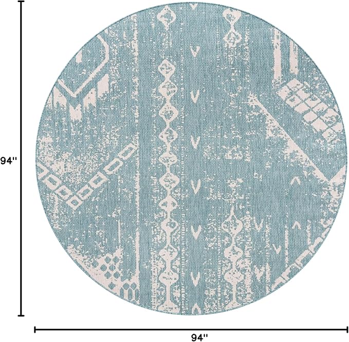 Unique Loom Outdoor Bohemian Collection Area Rug - Anthro (7' 10" Round, Light Aqua/ Ivory)
