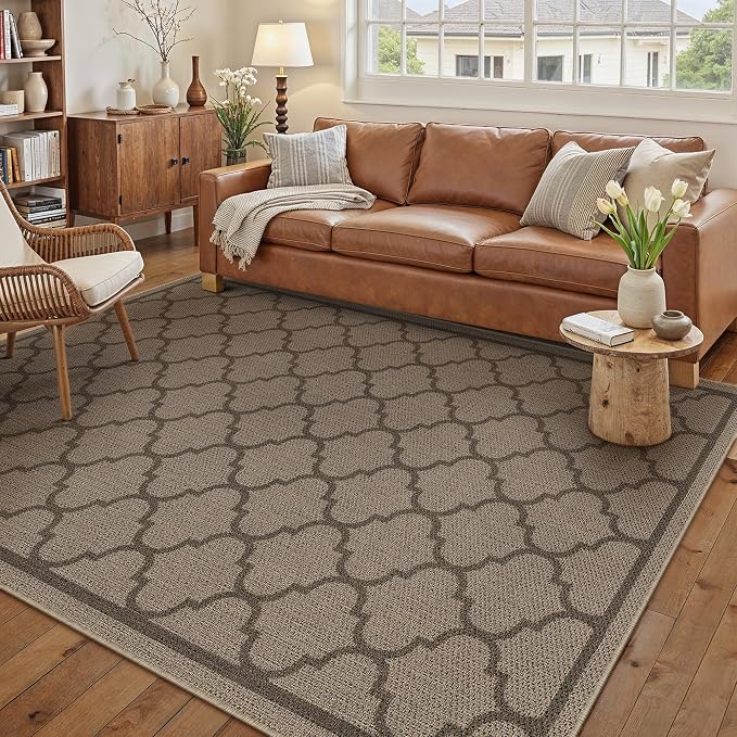 PureCozy 5x7 Geometric Figure Easy Jute Area Rug for Living Room Scalloped Washable Indoor Outdoor Carpet Farmhouse Patio Office Mat Geometric Non Slip Black Carpet for Backyard Dining Room