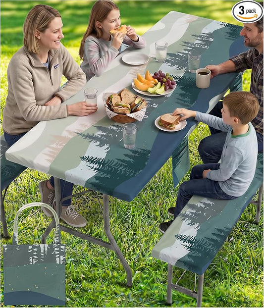 Picnic Table Cover with Bench Covers Waterproof Elastic Rectangle Tablecloth Camping Essentials Supplies Rv Car Travel Must Haves Gear Accessories Fitted Table Cloth Outdoor Road Trip Camper Gifts 8ft