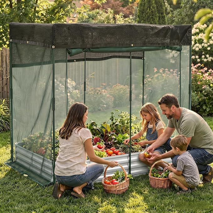 6x3x1Ft Galvanized Raised Garden Bed Kit w/Self Watering Irrigation & Mesh Cover, Metal Bottomless Raised Planter Box for Veggies Herbs Flowers, Rustproof Elevated Garden Bed Backyard Patio Farm