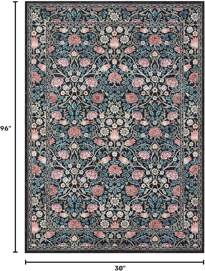 GarveeHome Blue Floral 2.5x8 Runner Rug for Kitchen Hallways | Washable Entryway Bedroom Bathroom Dorm Rug Vintage Boho Rugs Low-Pile Non-Slip Stain Resistant TPE Backing