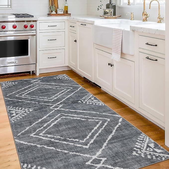 Machine Washable Area Rug Runner - Living Room Bedroom Bathroom Kitchen Entryway Office - Padded Low Pile Stain Resistant Premium - Moroccan Diamond Tribal - Jax - Gray 2'6" x 8'