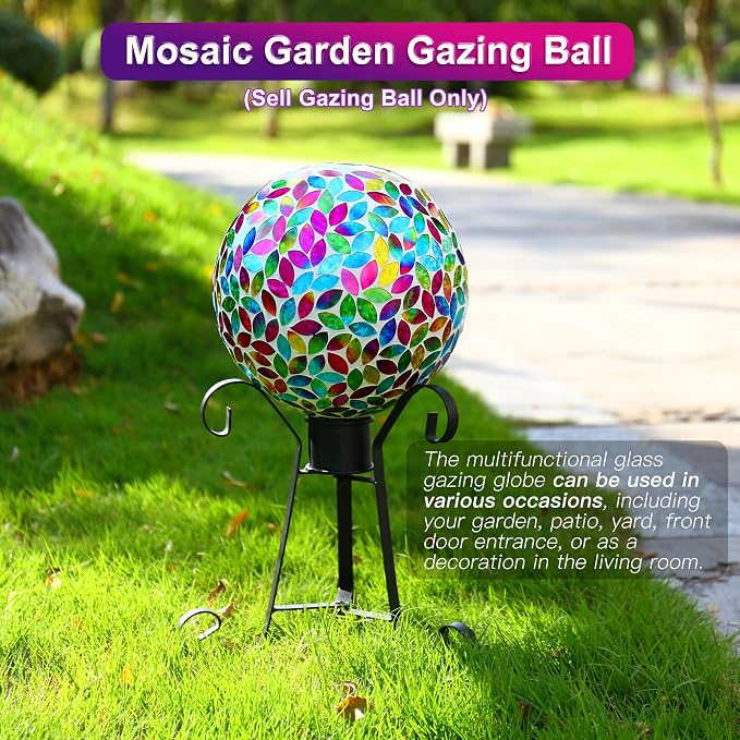 SAVENNA Mosaic Garden Gazing Ball 10 Inch, Glass Decorative Sphere for Indoor & Outdoor Garden, Patio, Home & Yard, Multicolor Petal Pattern