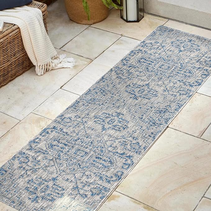 JONATHAN Y Boho Medallion Indoor Outdoor Runner Rug 2X8 Navy/Gray, Estrella Textured Weave for Backyard, Patio, Porch, Easy-Cleaning, High Traffic, Pet-Friendly, Non-Shedding (SMB105B-28)