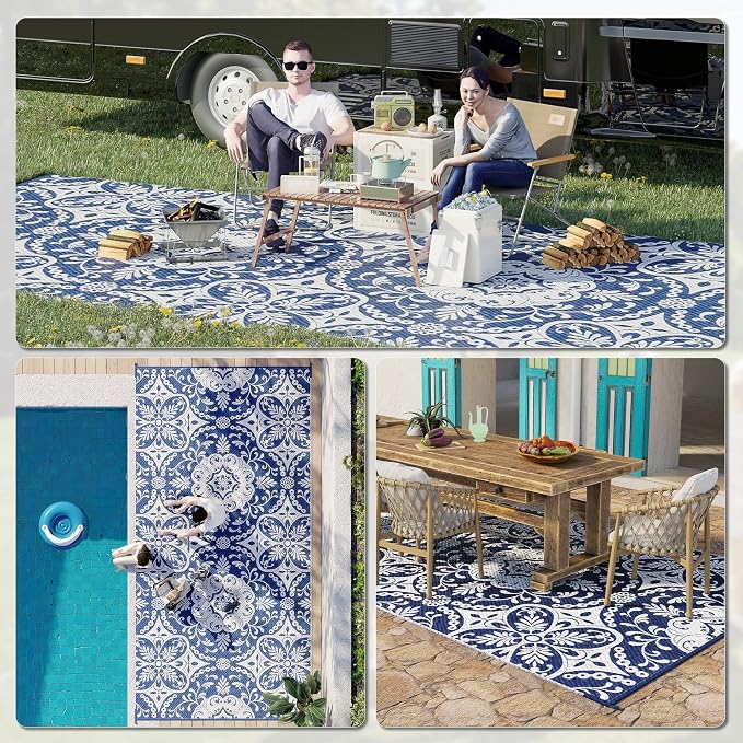 Outsunny Reversible Outdoor Rug Carpet, 9' x 18' Waterproof Plastic Straw Rug, Portable RV Camping Rugs with Carry Bag, Large Floor Mat for Backyard, Deck, Picnic, Beach, Blue & White Floral
