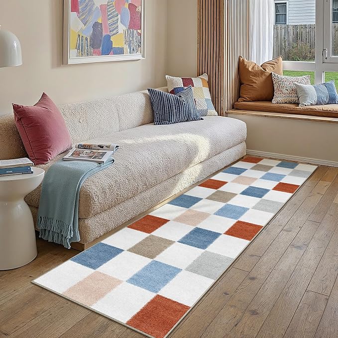 2x8 Washable Runner Rug Kitchen Colorful Non Slip Checkered Carpet | Soft, Low Pile, Modern, Pet Friendly, Indoor Rugs for Hallway, Entryway, Laundry Room, Bathroom