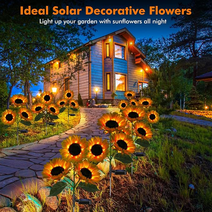 Meagoo Solar Sunflower Lights, 800mA Solar Garden Light with Real Looking Flowers Outdoor Waterproof Solar Stake Lights for Back Yard, Flower Bed, Pathway, Patio, Porch, Fall Decoration (4 Pack)