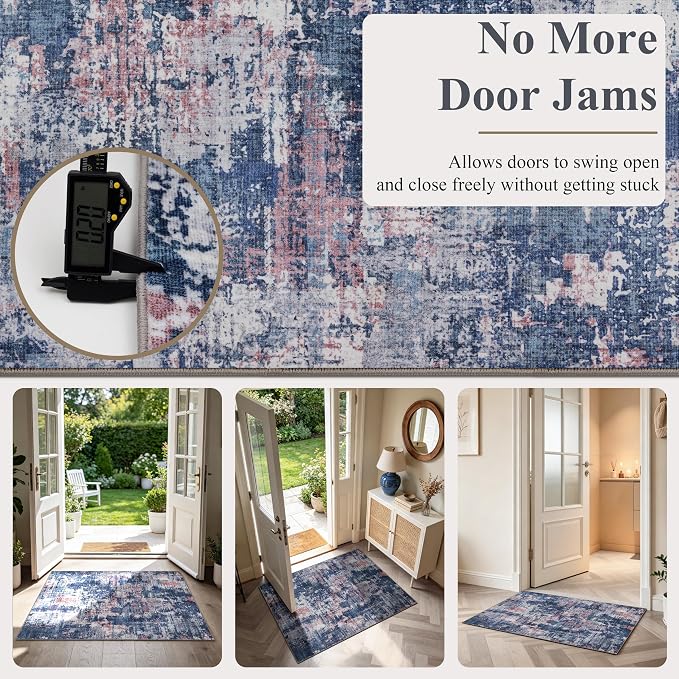 Sasttie 2x12 Runner Rug, Modern Abstract Hallway Carpet, Pink & Blue | Machine Washable, Ultra-Soft Faux Wool, Low Pile, Non-Slip, Thin, for Entrance, Entryway, Kitchen & Laundry Room