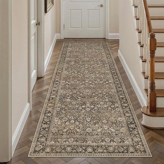 HUGEAR 3x8 Runner Rug Machine Washable Brown Hallway Area Rug Indoor Accent Rugs Floral Low Pile Carpet Soft Throw Rugs Bedroom Living Room Office Dining Kitchen Laundry Non Slip