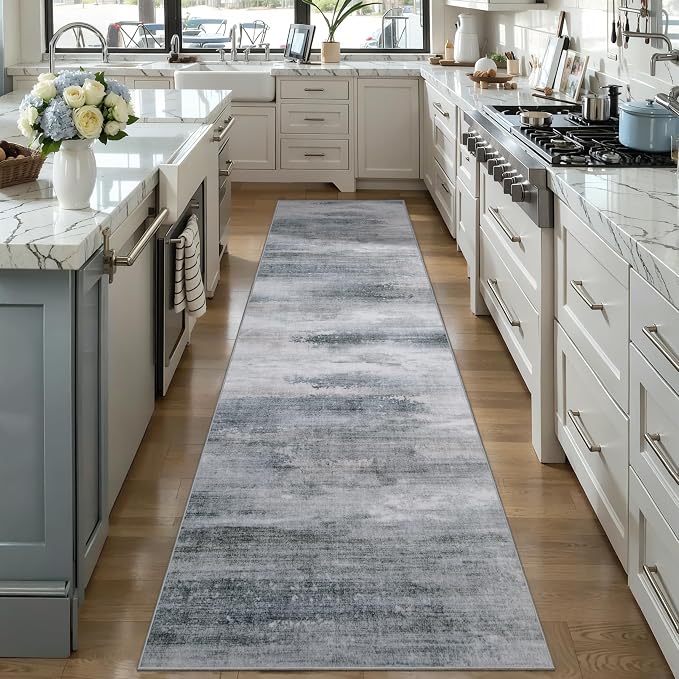 Tangsoo Abstract 2.6x8 Washable Runner Rug for Hallways,Non Slip Runner Rug | Modern Soft Low Pile Long Runner Rug, Contemporary Carpet Runners for Kitchen Bedroom Entryway Living Room Grey Home Decor
