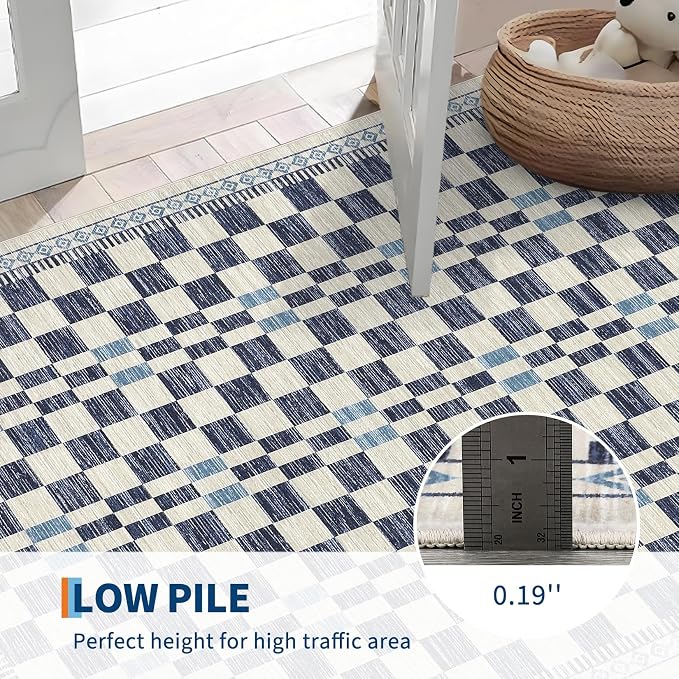 GarveeHome 3x5 Small Rug for Bedroom Machine Washable Blue Checkered Rug | Non-Slip Low Pile Modern Abstract Checkered Accent Mat for Porch Contemporary Premium Soft Area Rug for Living Room Dining