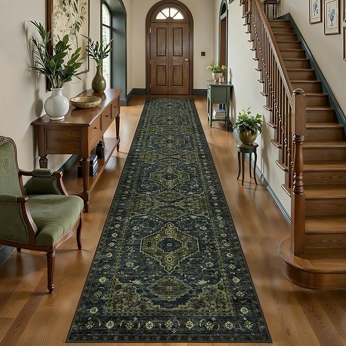 Tangsoo Oriental 2.6x14 Washable Runner Rug for Hallway Non Slip Runner Rug | Vintage Soft Low Pile Long Rug Runners, Boho Print 14ft Carpet Runners for Kitchen Bedroom Entryway Living Room Dark Green