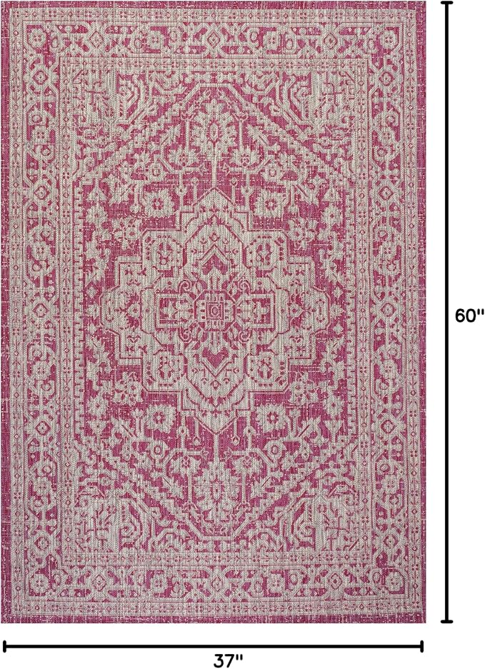 JONATHAN Y Medallion Weave Indoor Outdoor Area Rug 3X5 Fuchsia/Light Gray, Sinjuri Textured for Backyard, Patio, Porch, Easy-Cleaning, High Traffic, Pet-Friendly, Non-Shedding (SMB101G-3)