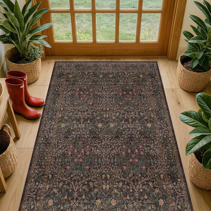 Boho Dark Brown 3x5 Large Entryway Rug - Moody Neutral Washable Low Pile Area Rugs Non-Slip for Mudroom, Door Mat Indoor Entrance, Kitchen, Laundry, Taupe Golden Accent Floral Floor Decor