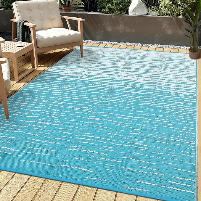 Garvee Waterproof Outdoor Rug for Camping, 6x9 Abstract Outdoor Patio Rug Plastic Straw RV Rugs for Outside, Reversible UV Resistant Modern Mats for Picnic Backyard Deck Balcony, Light Blue