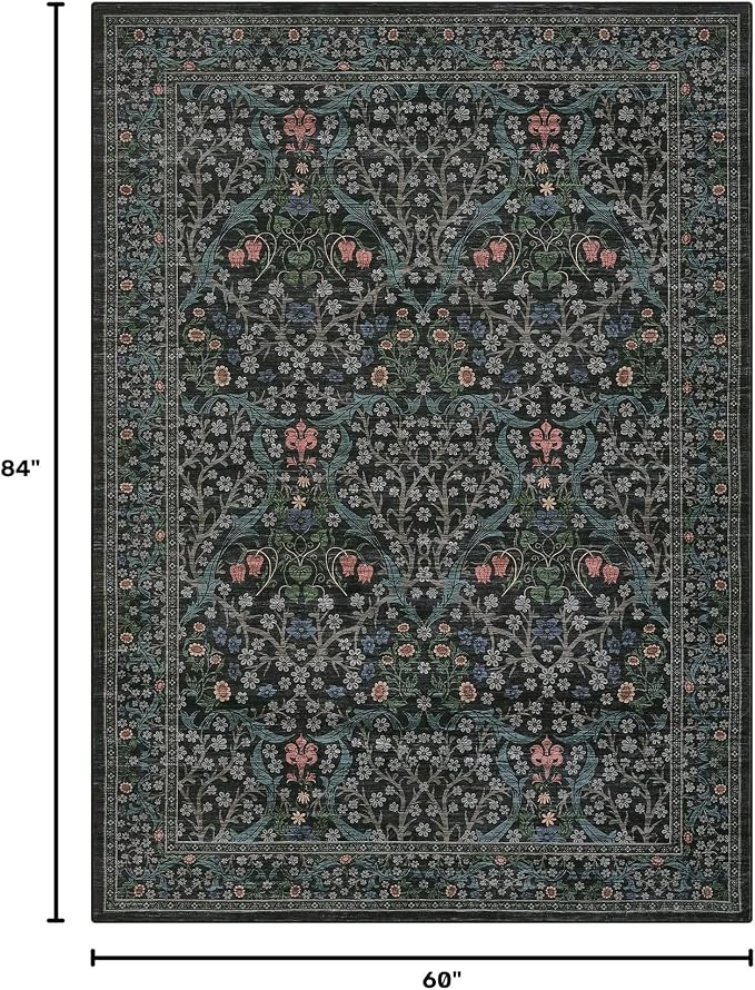 GarveeHome Floral Area Rugs 5x7, Washable Rug for Living Room, Bedroom, Low Pile Non Slip Stain Resistance Indoor Boho Carpet Mat for Farmhouse, Dining Room, Office,Dark Black
