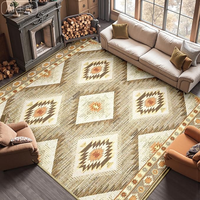 Area Rug 8x10 Rug Machine Washable Non-Slip Low Pile Print Pattern Western Rug for Living Room Bedroom Entryway Tribal Series -Cream/Camel | Soft Western No Slip Low Pile Print Foldable Indoor for Kitchen Dining Room