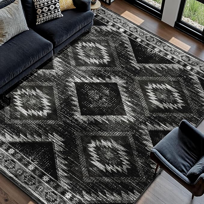 6'x8' Washable Area Rug for Living Room Bedroom Black | Soft Western No Slip Low Pile Print Foldable Indoor for Kitchen Dining Room