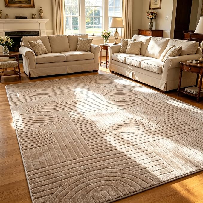 Camel Boho 8x10 Solid Color Area Rugs, Washable Living Room Rug | Ultra Soft Plush High-Low Pile Carpet, Fluffy, Non-Slip Durable Rugs for Bedroom, Kids Room, Nursery, Apartment, Home Office