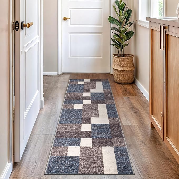 Rugshop Modern Boxes Non-Slip Living Room Kitchen Runner Rug Blue 2' x 10' | Runner, Size 2' x 10', Bedroom, Dining Room, Home Office, Entryway, Hallway, Nursery, Kids Room, Guest Room