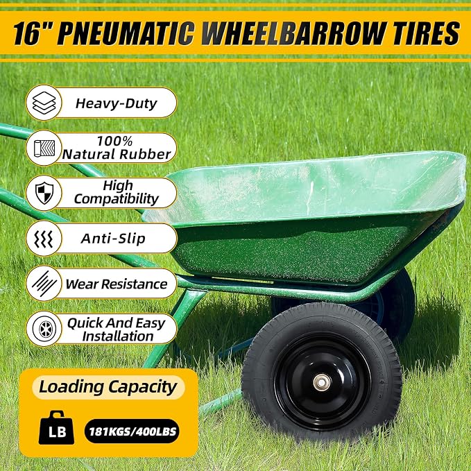 MZREXN 4.80/4.00-8" Tire and Wheel, 16" Pneumatic Wheelbarrow Tire | 5/8"&3/4" Bearings,3"-7"Centered Hub,Fit Hand Truck/Garden Carts/Yard Wagon/Utility Carts/Dolly/Trolley,Black 2pcs