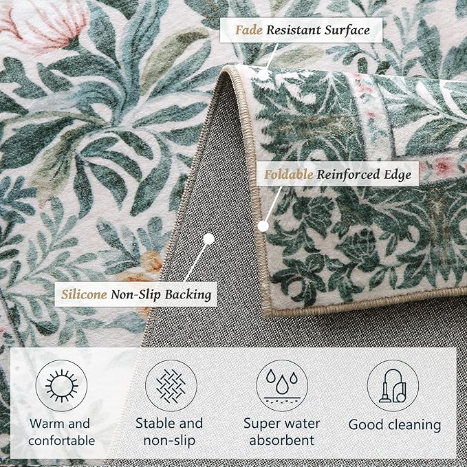 Botanical Floral Area Rug 8x10 Light Green Cream Vintage Garden Design, Perfect for Living Room, Bedroom, Kids Room, Nursery - Stain & Water Resistant Non-Slip, Pet & Child Friendly Area Rugs