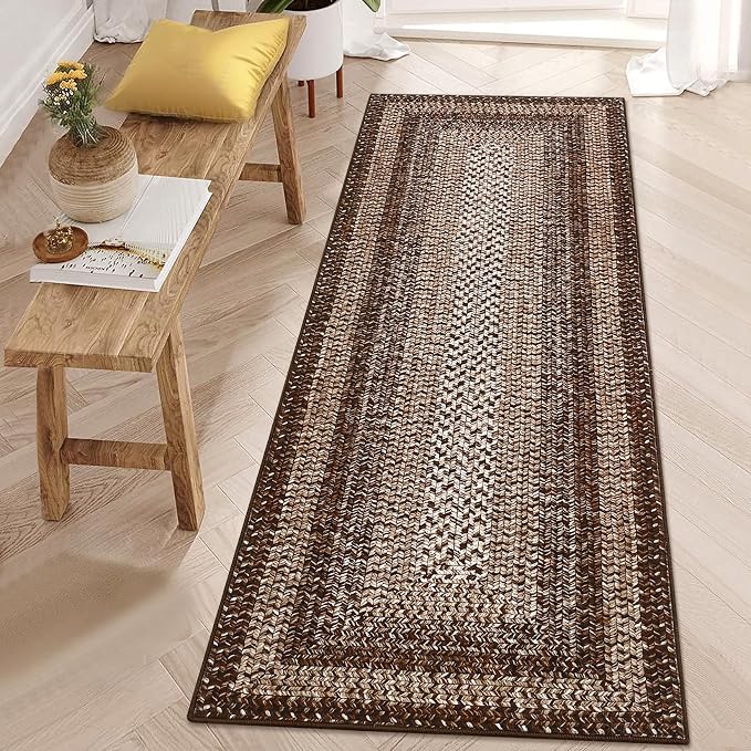 RUGSREAL Braided Print Runner Rug 2x8 Machine Washable Hallway Runner Rugs | Entryway Long Throw Carpet Non Slip Kitchen Mat Living Room Rustic Carpet for Bedroom Dining Room, Brown