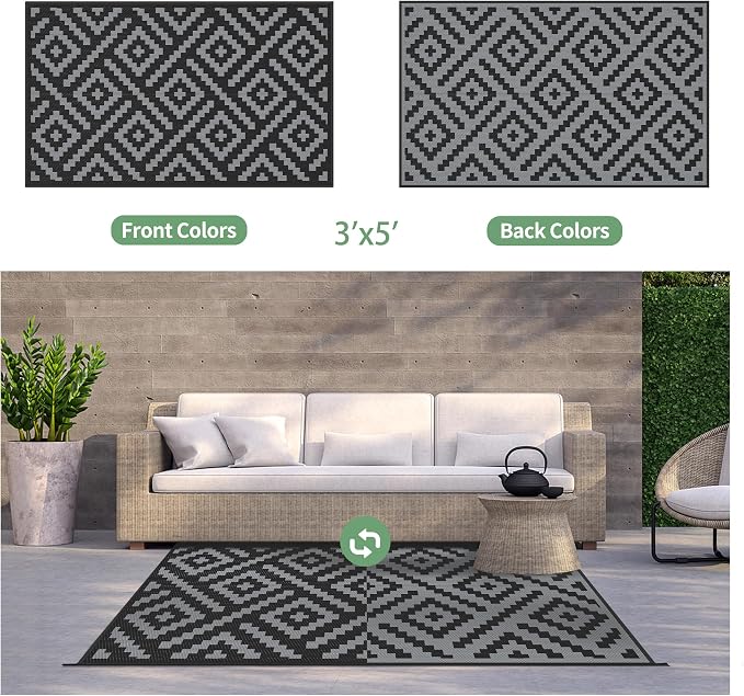 GENIMO Outdoor Rugs 3'x5' Waterproof, Reversible Mats, Outdoor Area Rug, Plastic Outside Carpet, Eeometric Rv Mat for Patio Camping Rv Picnic Backyard Deck Balcony Porch Beach Trailer (Black & Grey)