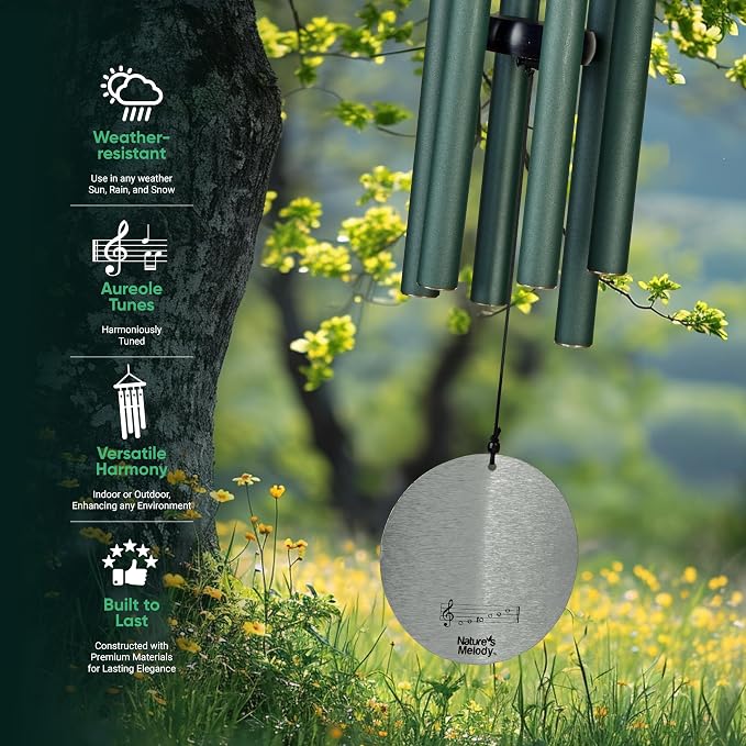 Nature’s Melody Aureole Tunes Wind Chimes – Outdoor Windchime with 6 Tubes Tuned to B Pentatonic Scale, 100% Rustproof Aluminum, Powder Finish & S Hook Hanger for Sympathy, Memorial Gift or Zen Garden