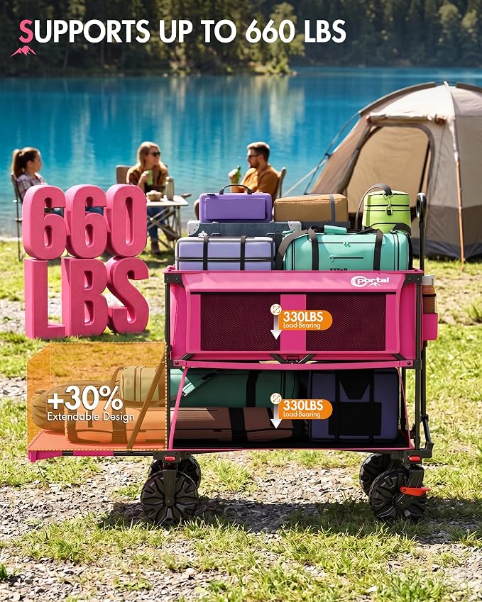 PORTAL 400L Heavy Duty Double Decker Wagon with Brakes, 54" Extra Long Extender Wagon Cart,660lb Collapsible Garden Car, All-Terrain Big Wheels for Camping, Sports, Shopping,Pink