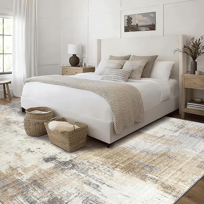 Machine Washable Area Rug - Living Room Bedroom Bathroom Kitchen Entryway Office - Padded Low Pile Stain Resistant Premium - Modern Abstract Contemporary - Quinn - Beige 5' x 7'