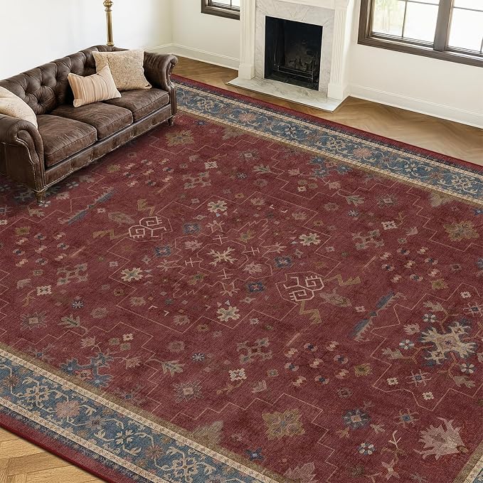 Moroccan Big Rugs for Living Room - Dark Red 10x14 Area Rug for Large Bedroom, Dining Room, Washable Lightweight Low Pile Foldable Oriental Burgendy Home Décor