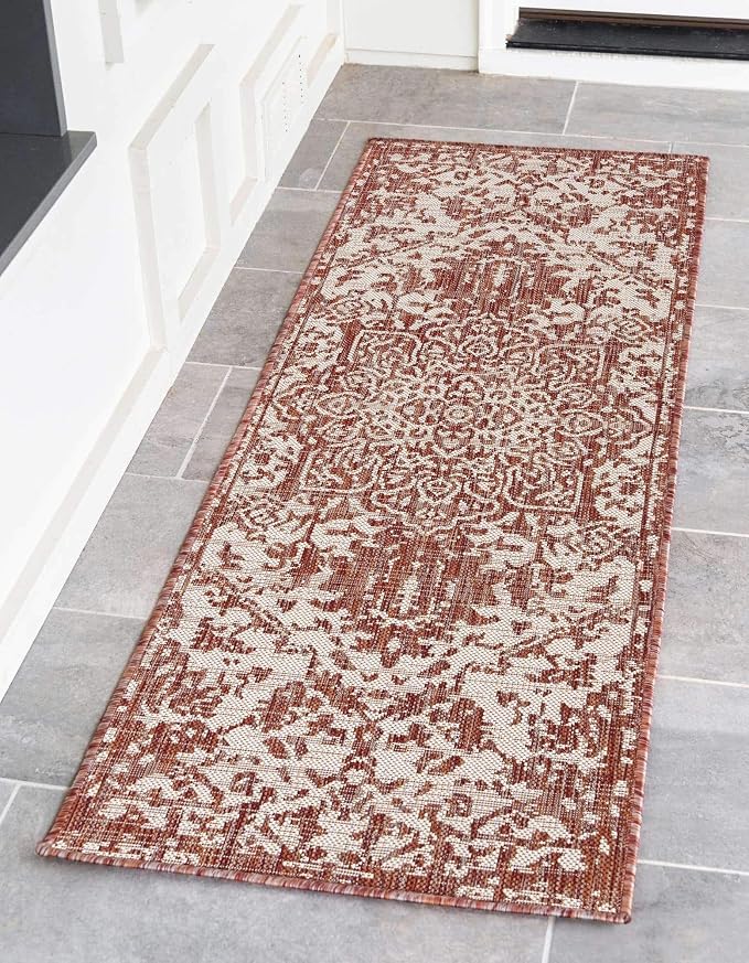 Unique Loom Outdoor Collection Area Rug - Dubai (2' x 6' 1" Runner, Rust Red/ Ivory)