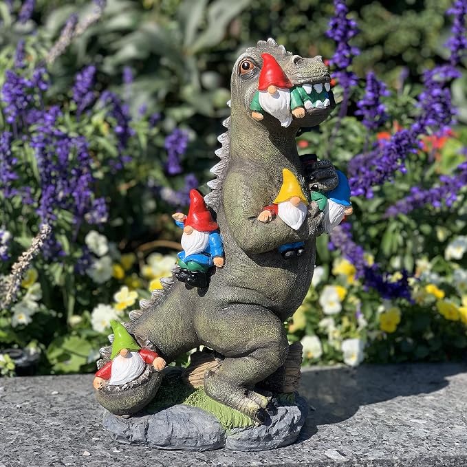 Malister 14 Inch Dinosaur Gnomes Garden Statues for Fall Winter Garden Decor, Gnomes Statues Outdoor Decor, Outdoor Statues for Patio, Lawn, Yard Decorations Outdoor, Dino Housewarming Garden Gifts