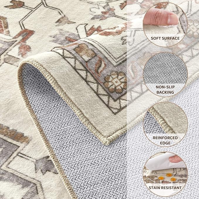 Vintage Washable 9x12 Area Rug for Living Room, Golden Taupe | Soft Low Pile Rug with Non-Slip Backing, Stain Resistant for Bedroom or Dining Room, Kid & Pet Friendly
