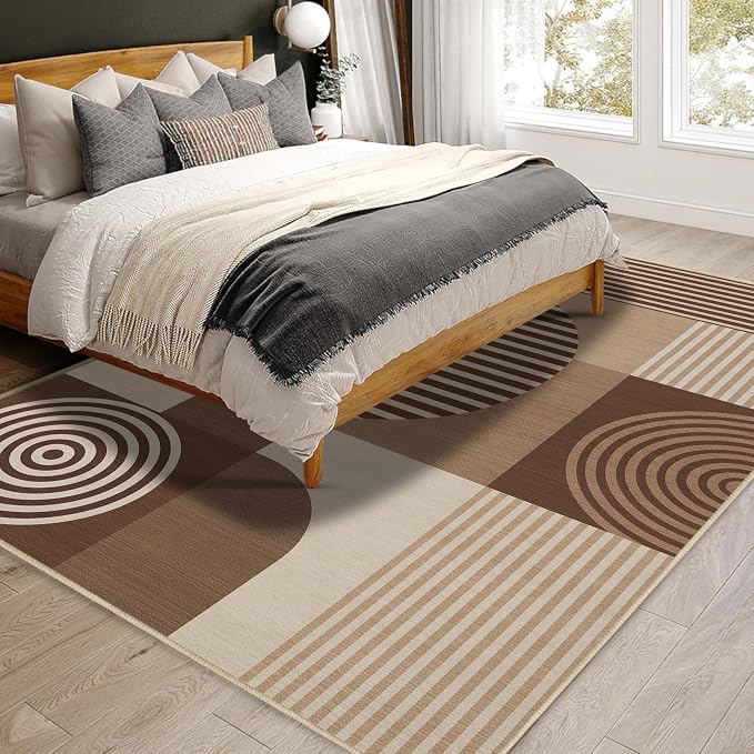 Brown Geometric Area Rug 4x6 for Living Room Rug Machine Washable Minimalist Line Mid Century Modern Rugs Non Slip Low Pile Indoor Floor Carpet for Bedroom Dining Room Laundry Office,Brown