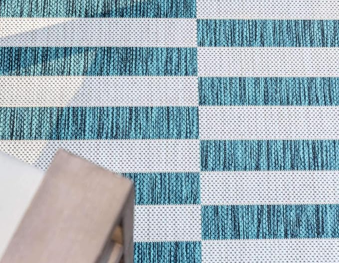 Unique Loom Outdoor Striped Collection Area Rug - Striped (5' 1" x 8' Rectangle, Teal/Ivory)