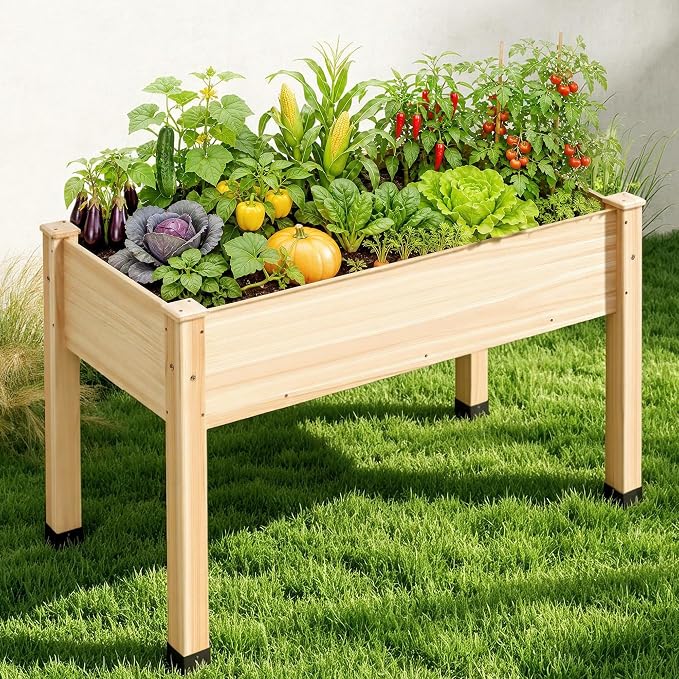 AMERLIFE Raised Garden Bed, 48x30x24 Inches Elevated Wood Planter Box with Bed Liner, Legs, Divider, Drainage Holes, Stand for Backyard, Patio, 330 Lb Capacity - Light Wood