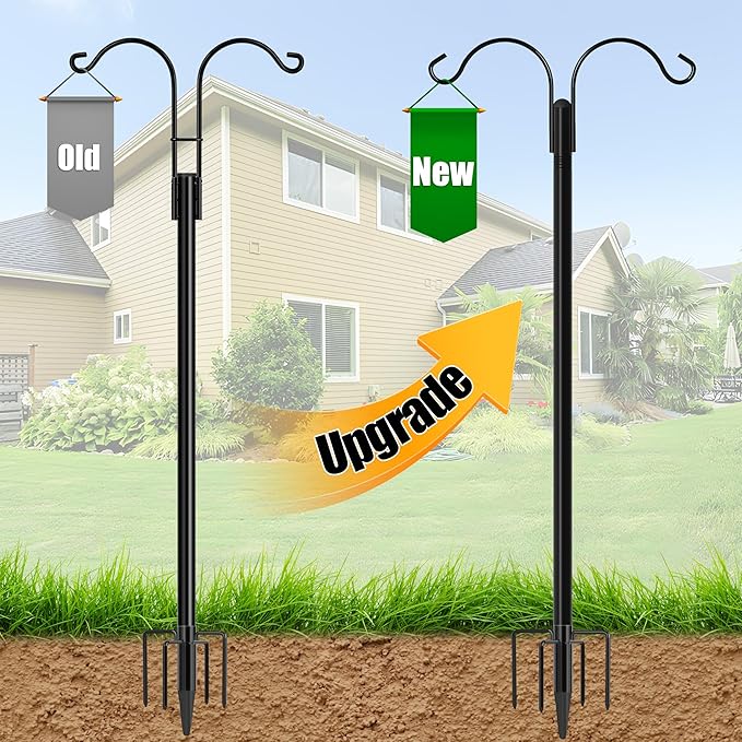 XDW-GIFTS Double Shepherds Hooks for Outdoor, 2-Pack Heavy Duty Garden Pole for Hanging Bird Feeder, Plant Baskets, Solar Light Lanterns, Garden Plant Hanger Stands with 5 Base Prongs