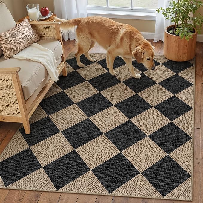 PureCozy 3x5 Checkered Easy Jute Outdoor Patio Rug Washable Area Rugs for Living Room Entryway Textured Diamond Indoor Outdoor Mat Farmhouse Neutral Non Slip Black Door Carpet for Backyard Bedroom