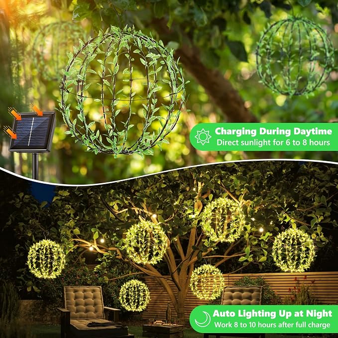 Joomer Solar Hanging Ball Lights Outdoor, 2-Pack 13in & 11in Total 264 LED Solar Globe Lights, 8 Modes Waterproof Metal Sphere Lights with Hooks for Patio Garden Decor - Warm White