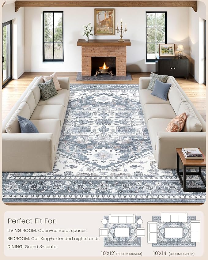 Washable Area Rug-10X14 Vintage Neutral Soft Blue | Non Slip Thin Foldable Large Floor Carpet for Living Room Bedroom Kitchen Dining Room Home Office Farmhouse Indoor