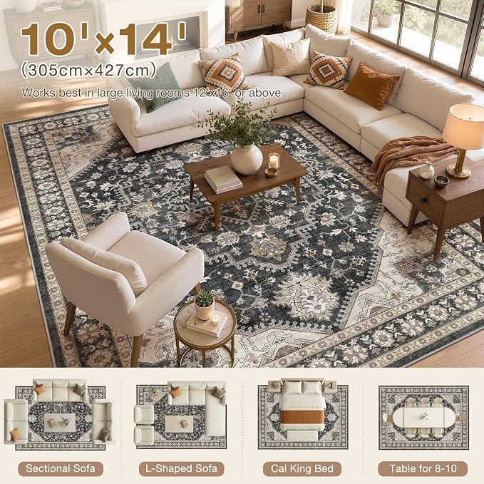 DTICON Vintage Washable 10x14 Area Rug Living Room Rugs, Black | Boho Distressed, Pet & Kid Friendly, Non-Slip Backing, Soft Polyester, Low-pile Carpet for Living Room, Bedroom, Dining Room