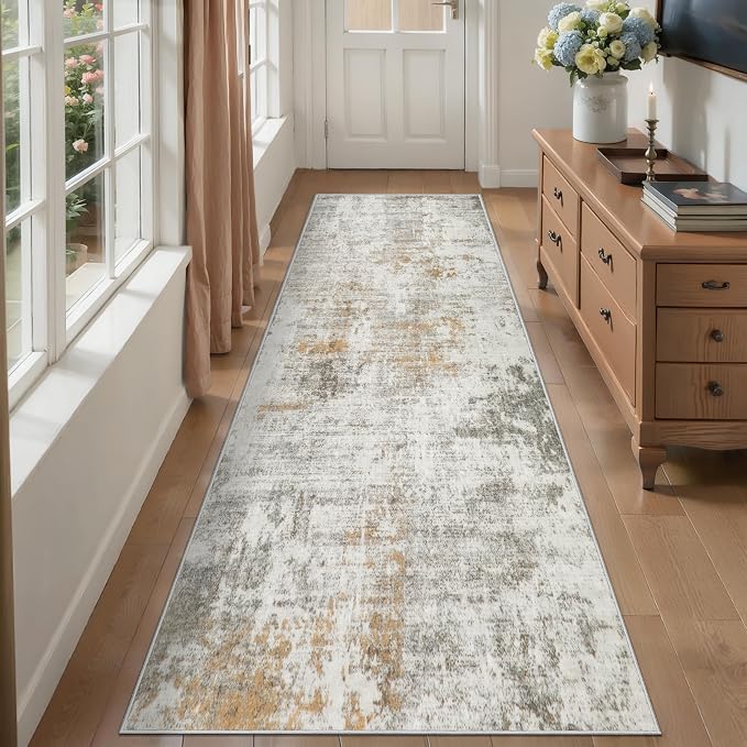 Tangsoo Abstract 2.6x10 Washable Runner Rug for Hallway,Runner Rug Non Slip | Modern Soft Low Pile Long Hallway Rug Runner, Contemporary Carpet Runners for Kitchen Bedroom Living Room Beige Grey Decor